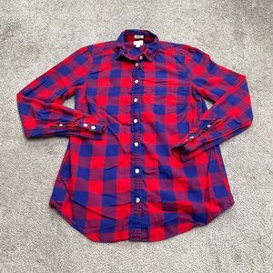 J. Crew Boy Fit Button Down Shirt Womens XXS Blue Red Plaid Long Sleeve Cotton